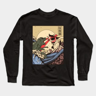 Ukiyo-e Catzilla Samurai versus Giant Kaiju Reptile Movie poster parody Long Sleeve T-Shirt